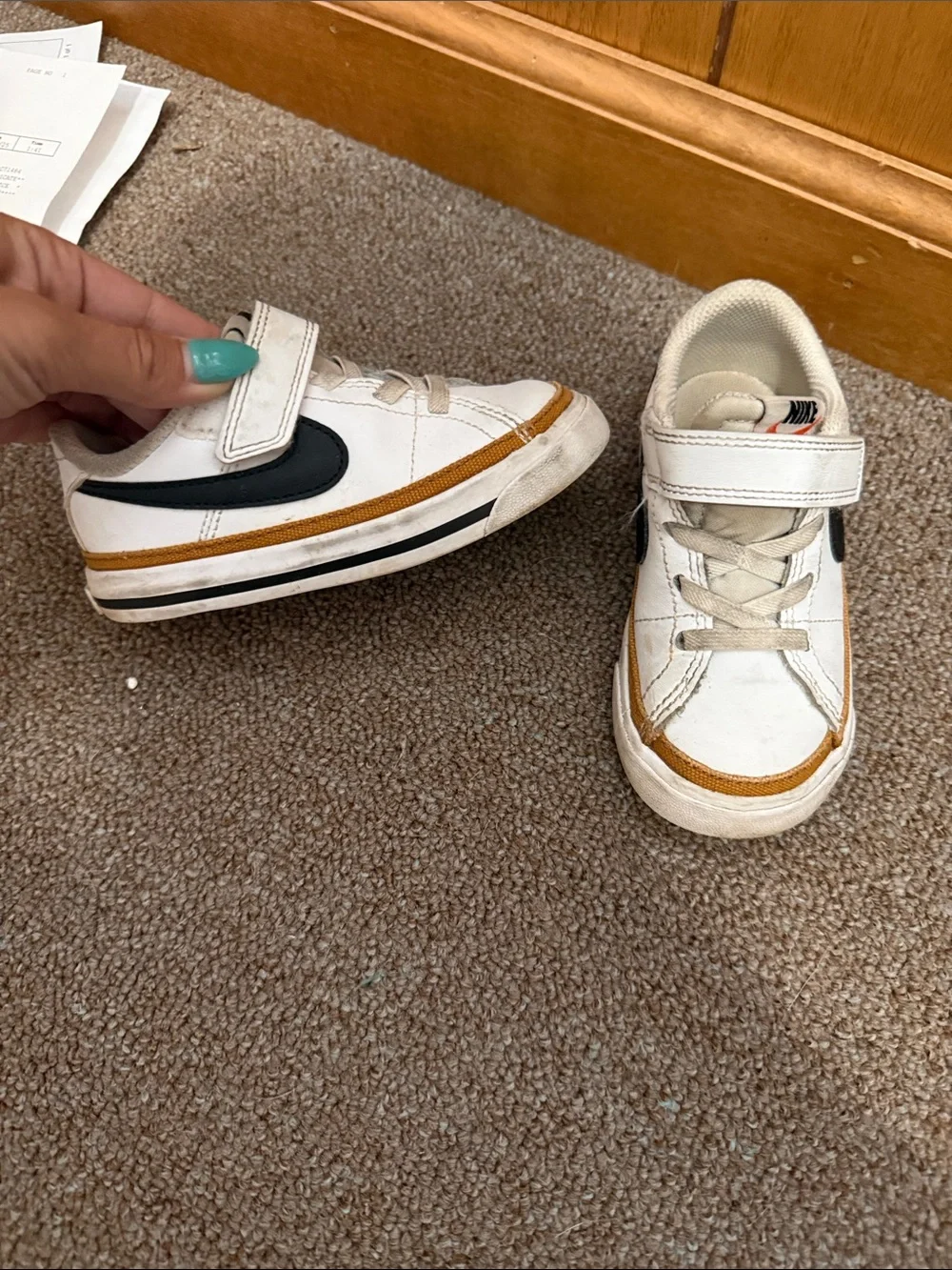 Nike Kids White Sneakers with Black Swoosh and Brown Trim